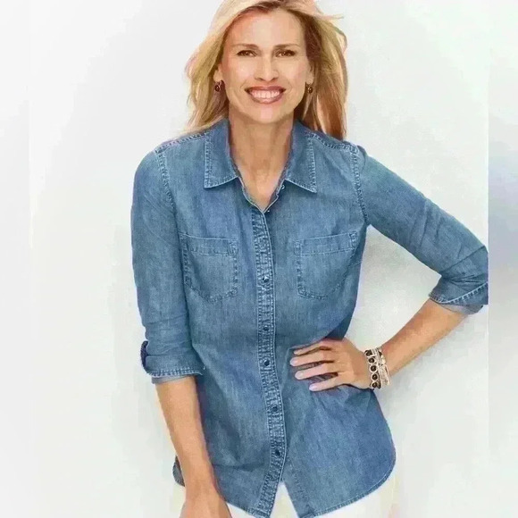 Talbots Women’s Classic Cotton Shirt Denim Blue Button Down Plus Petite Size XP - Picture 1 of 9